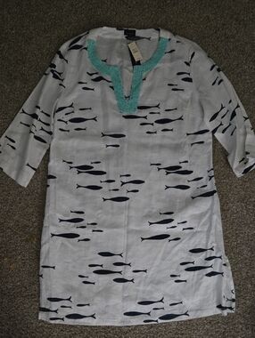 Talbots White Fish-Print Tunic with Turquoise Beaded Neckline